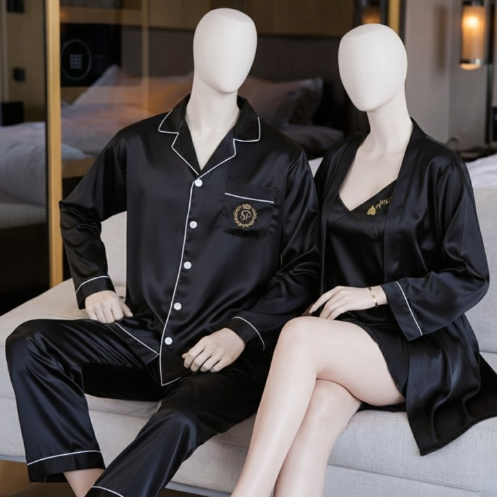 Couple Night Dress Silk Sleepwear Set – 4-Piece Pajama & Robe Set