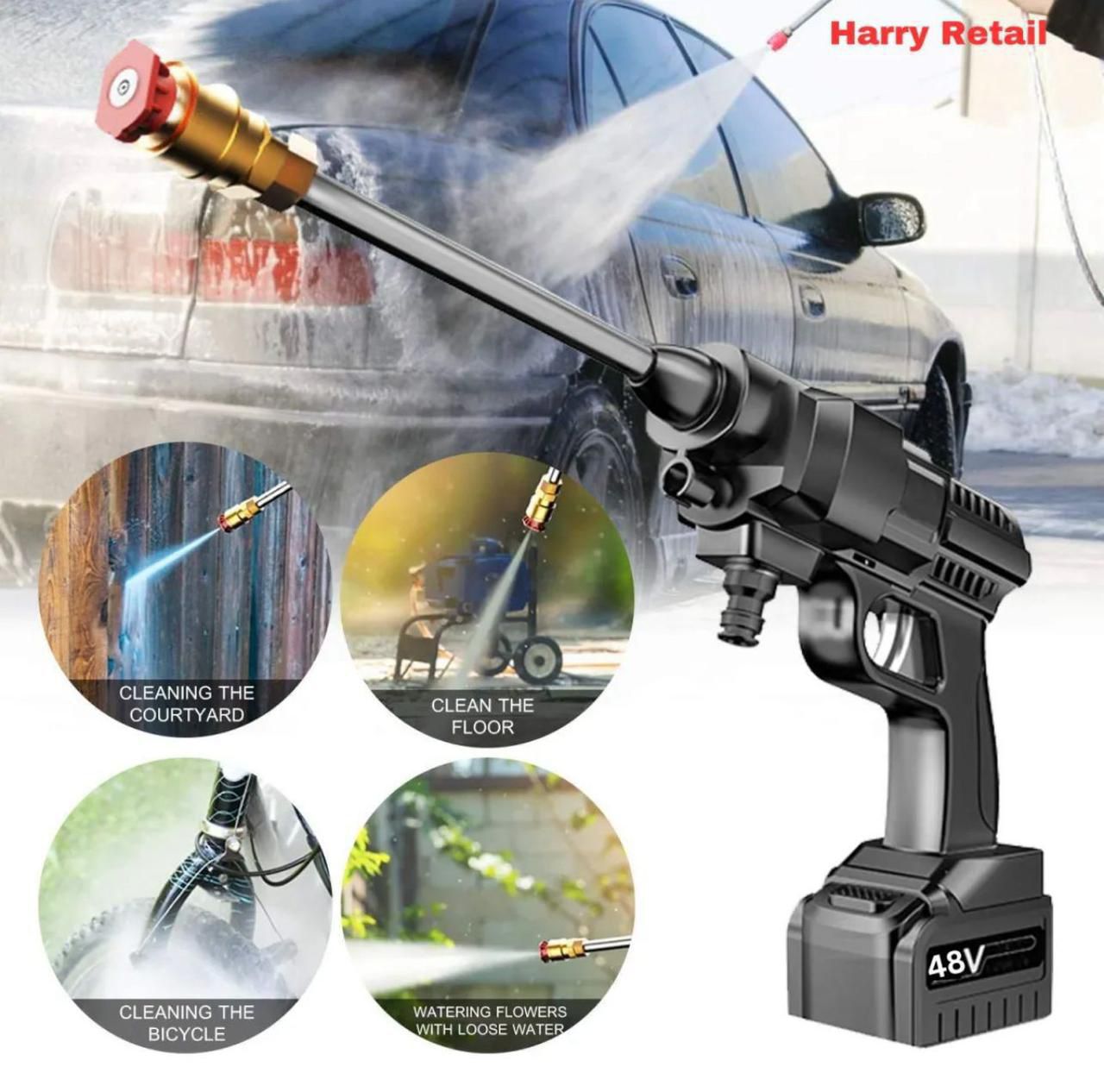 Automatic Cordless Car Wash Spray Gun | 48V High Pressure Lithium Battery | Wireless Foam Jet Washer (Double Battery)