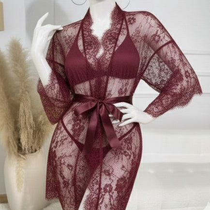 3 Piece Net Gown Set with Bra & Panty | Soft Lace Robe Lingerie | Free Size (fit upto 38 chest) | Black