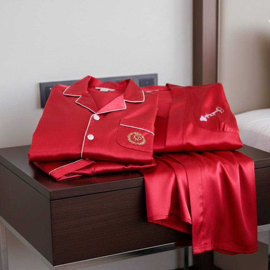 Couple Night Dress Silk Sleepwear Set – 4-Piece Pajama & Robe Set