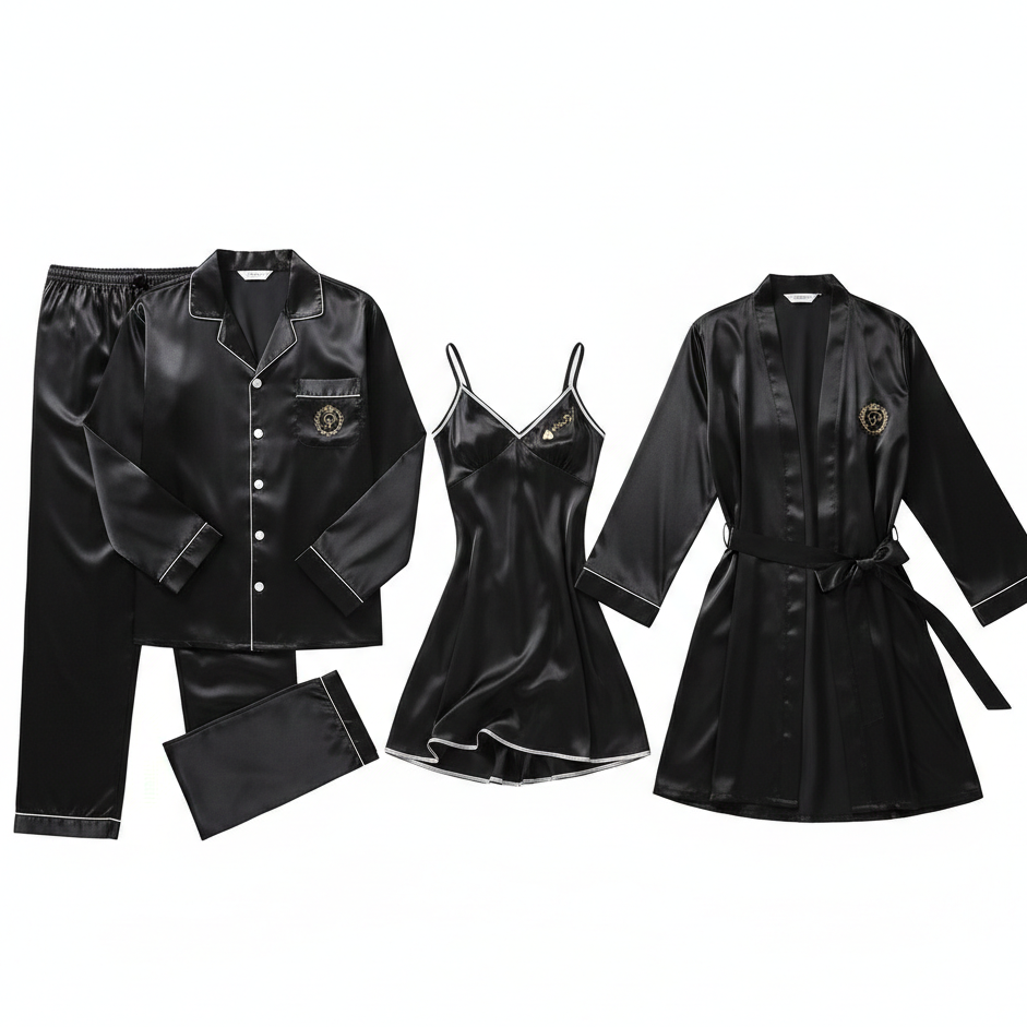 Couple Night Dress Silk Sleepwear Set – 4-Piece Pajama & Robe Set