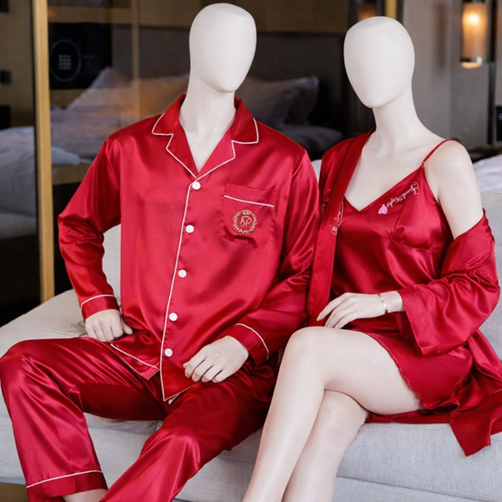 Couple Night Dress Silk Sleepwear Set – 4-Piece Pajama & Robe Set