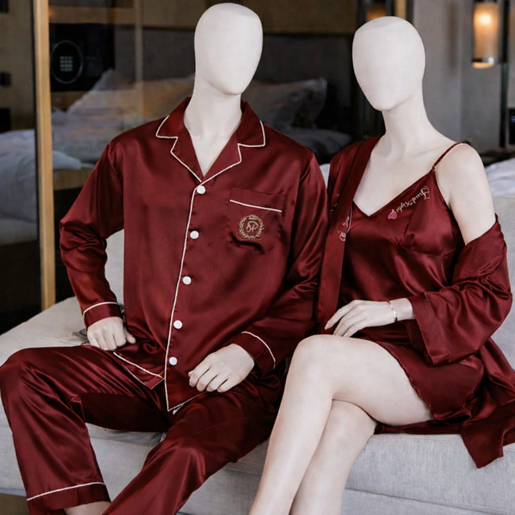 Couple Night Dress Silk Sleepwear Set – 4-Piece Pajama & Robe Set