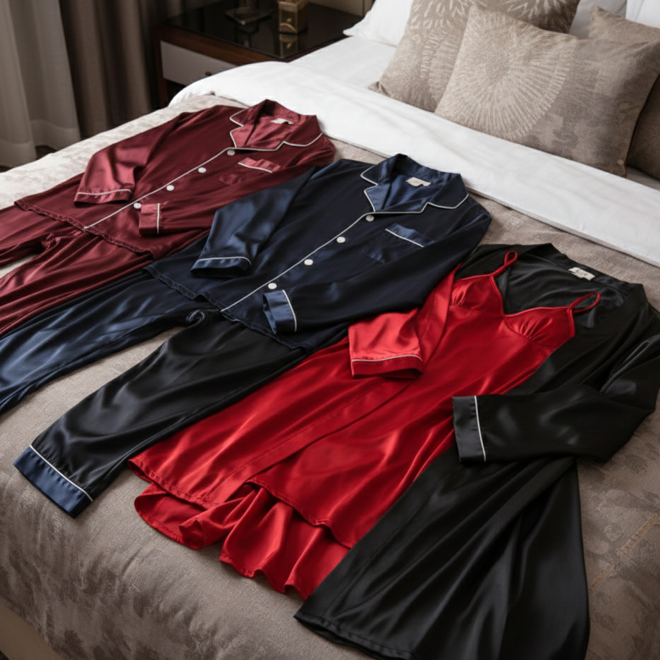 Couple Night Dress Silk Sleepwear Set – 4-Piece Pajama & Robe Set