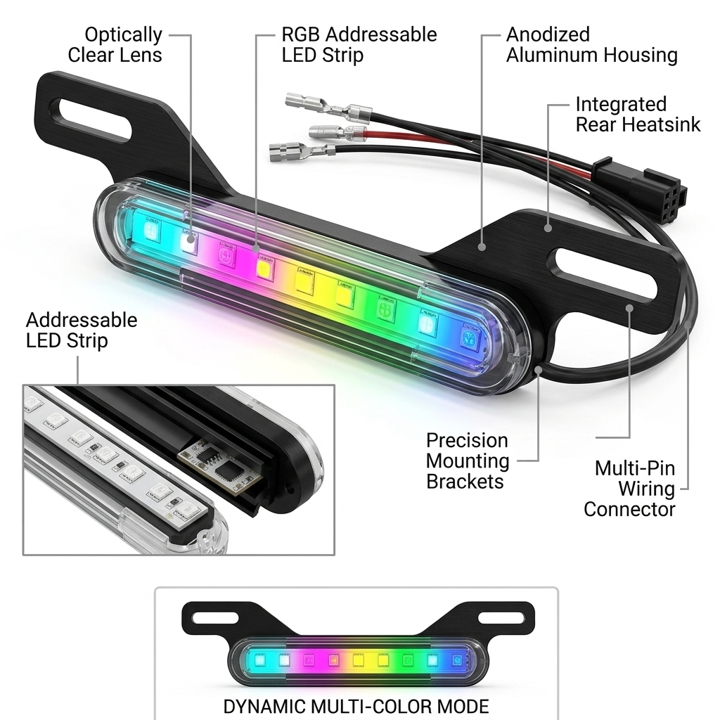 RGB Motorcycle License Plate Light Bar – Chasing LED 12V Slim RGB LED Plate Bar for Motorcycles