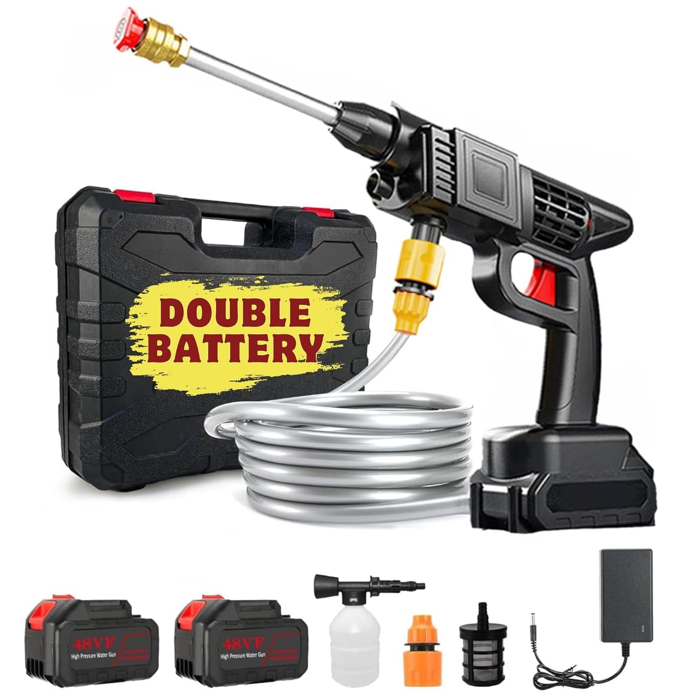 Automatic Cordless Car Wash Spray Gun | 48V High Pressure Lithium Battery | Wireless Foam Jet Washer (Double Battery)