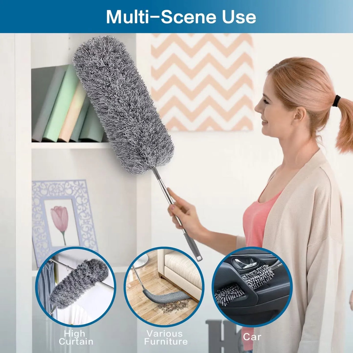 Extendable Microfiber Duster Feather Duster With Extra Long Pole Bendable Washable Head For Ceiling Fans Cars Blinds Cobweb
