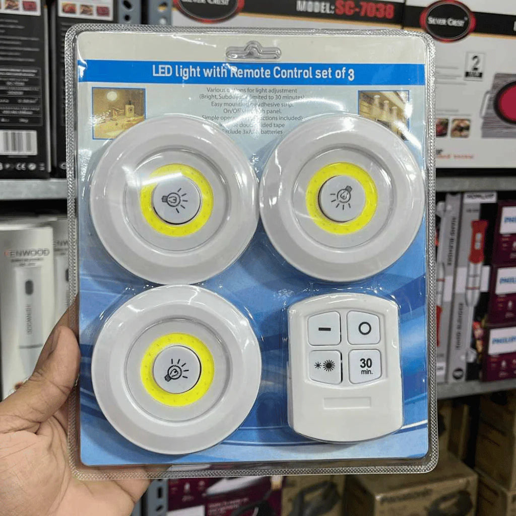 Pack Of 3 LED Remote Control Lights | Tap Light For Cabinet Wardrobe Room Kitchen & Office Use | Self-adhesive Lights With Remote
