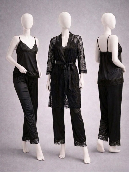 Elegant 3-Piece Women's Nightwear Set – Silk Cami, Pyjamas & Lace Robe (Free Size) Black