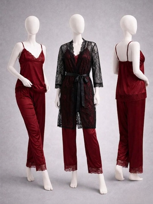 Elegant 3-Piece Women's Nightwear Set – Silk Cami, Pyjamas & Lace Robe (Free Size) Black