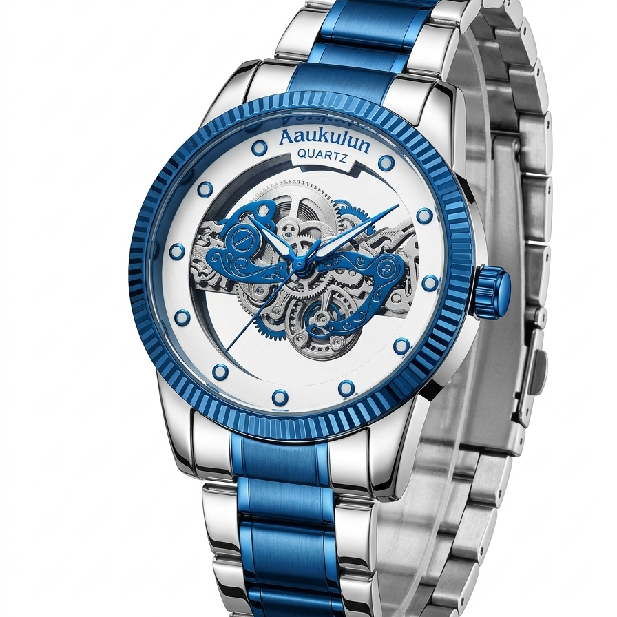 Luxury Skeleton Dial Quartz Watch For Men Elegant Stainless Steel Design | Blue And Silver