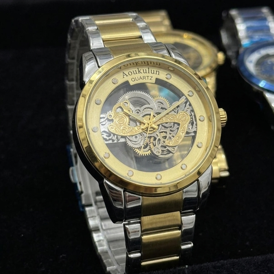 Luxury Skeleton Dial Quartz Watch For Men Elegant Stainless Steel Design | Blue And Silver