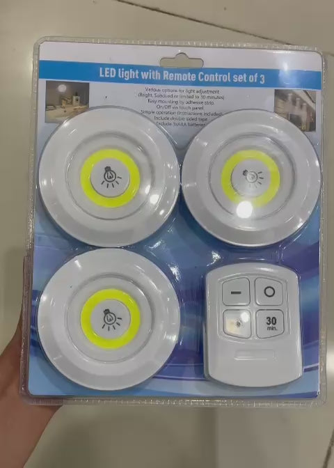 Pack Of 3 LED Remote Control Lights | Tap Light For Cabinet Wardrobe Room Kitchen & Office Use | Self-adhesive Lights With Remote