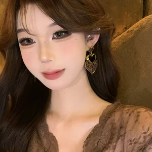 Silver Needle Heart-Shaped Leopard-Print Pendant Earrings