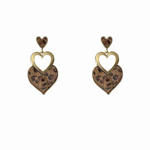 Silver Needle Heart-Shaped Leopard-Print Pendant Earrings