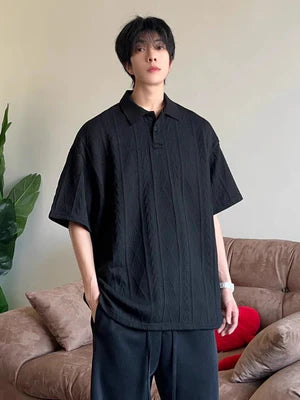 Wheat-ear Pattern Jacquard-knit Short-sleeve Polo Shirt